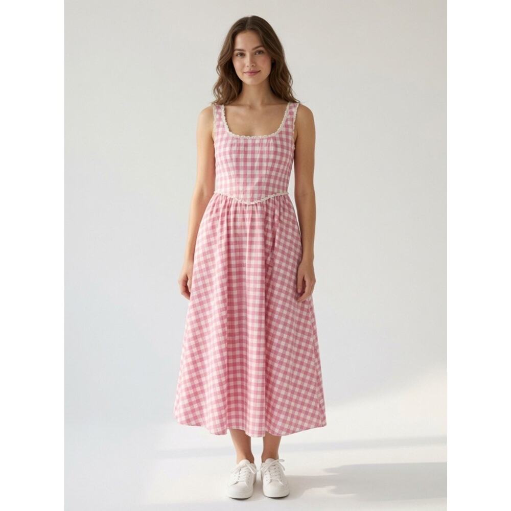 NWOT WAYF Gracie Pink Gingham Cotton Midi Dress Size Small - Picture 6 of 8